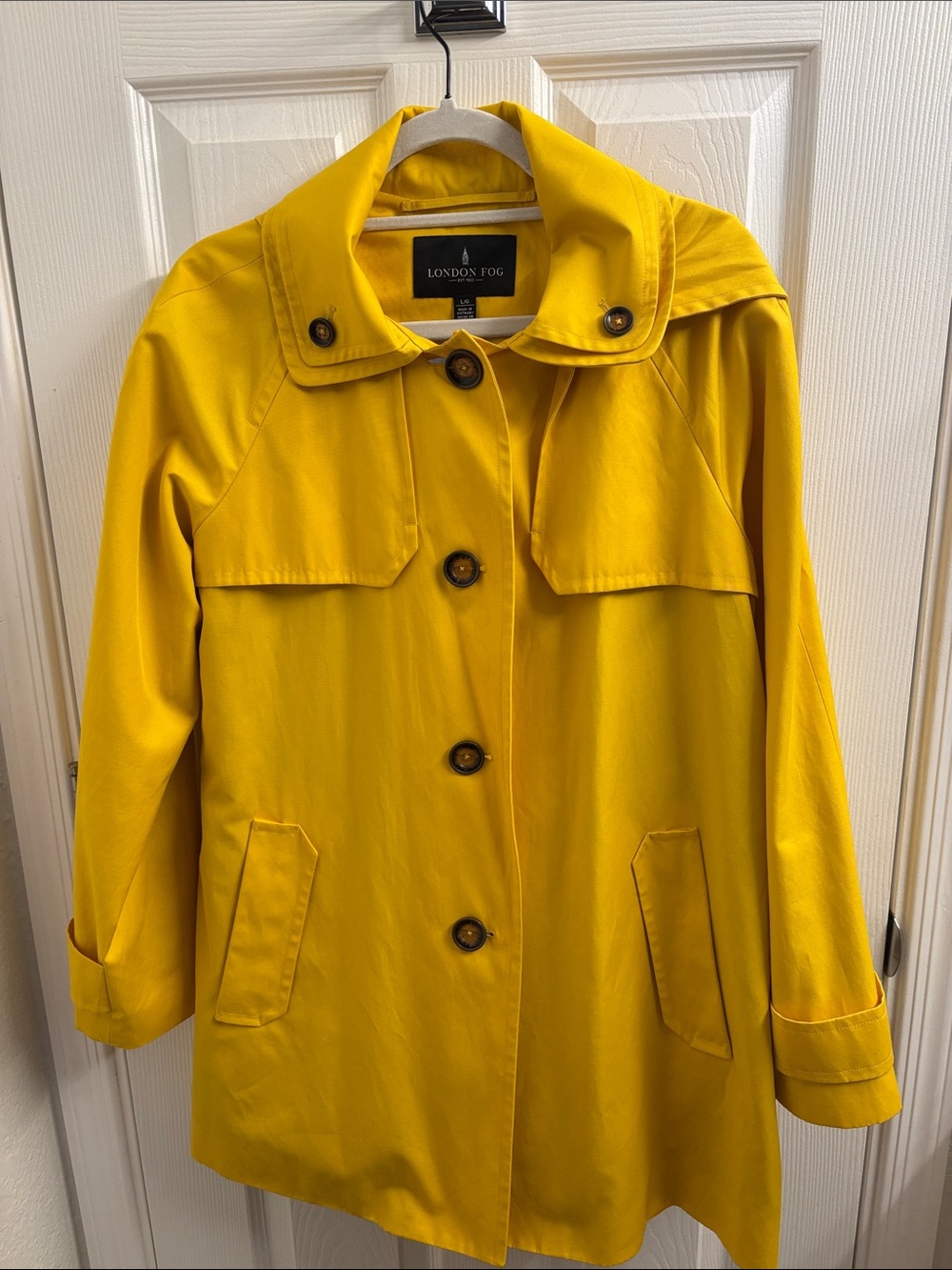 Women's London Fog Bright Yellow Trench Coat w/ Hood Waterproof Size L